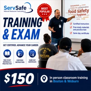 ServSafe class and exam in Boston and Woburn instructor led food safety manager certification $150