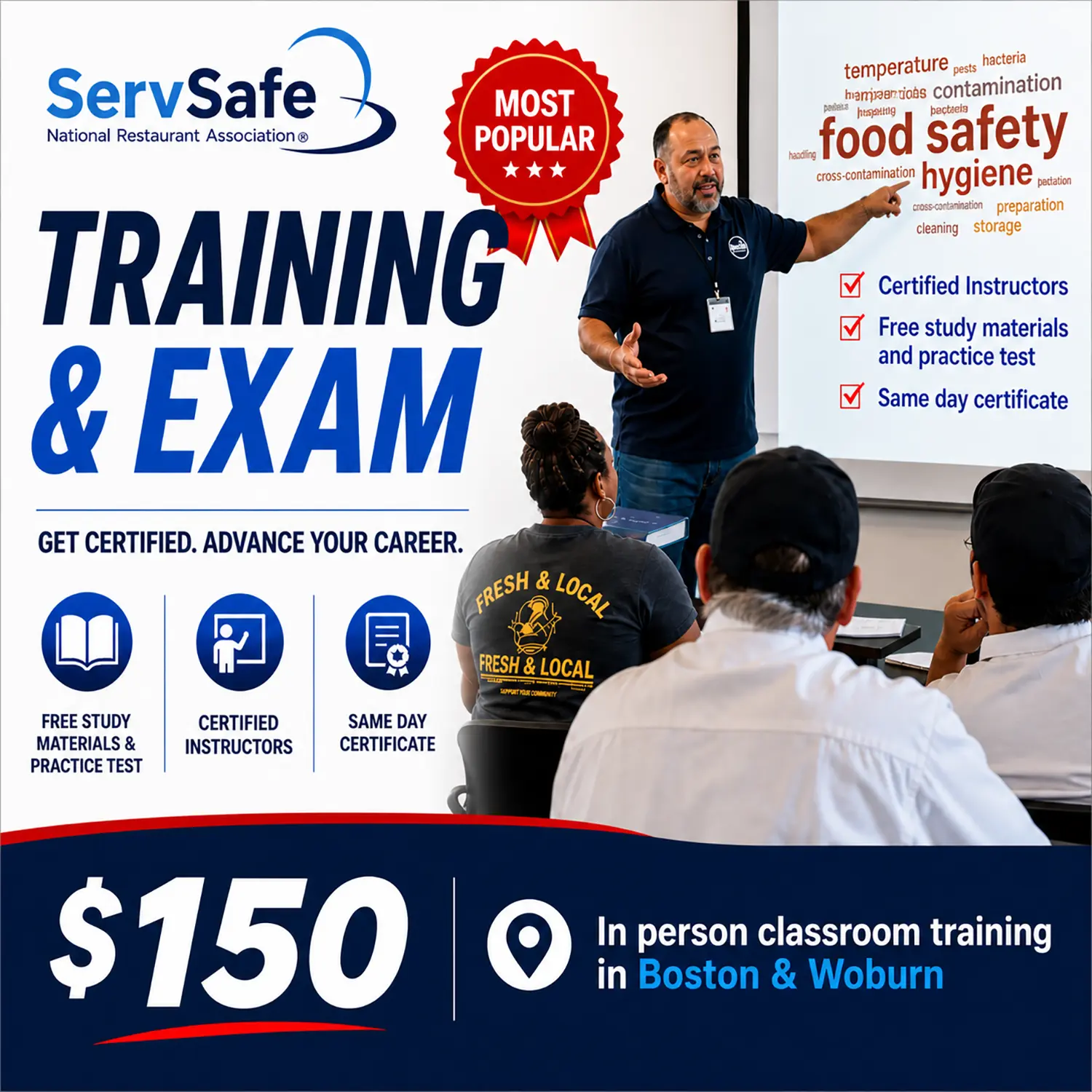 ServSafe class and exam in Boston and Woburn instructor led food safety manager certification $150