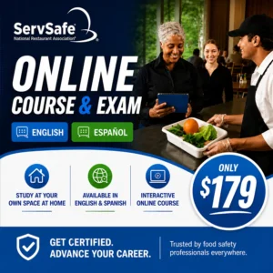 ServSafe online course and exam option for food safety manager certification English and Spanish $179