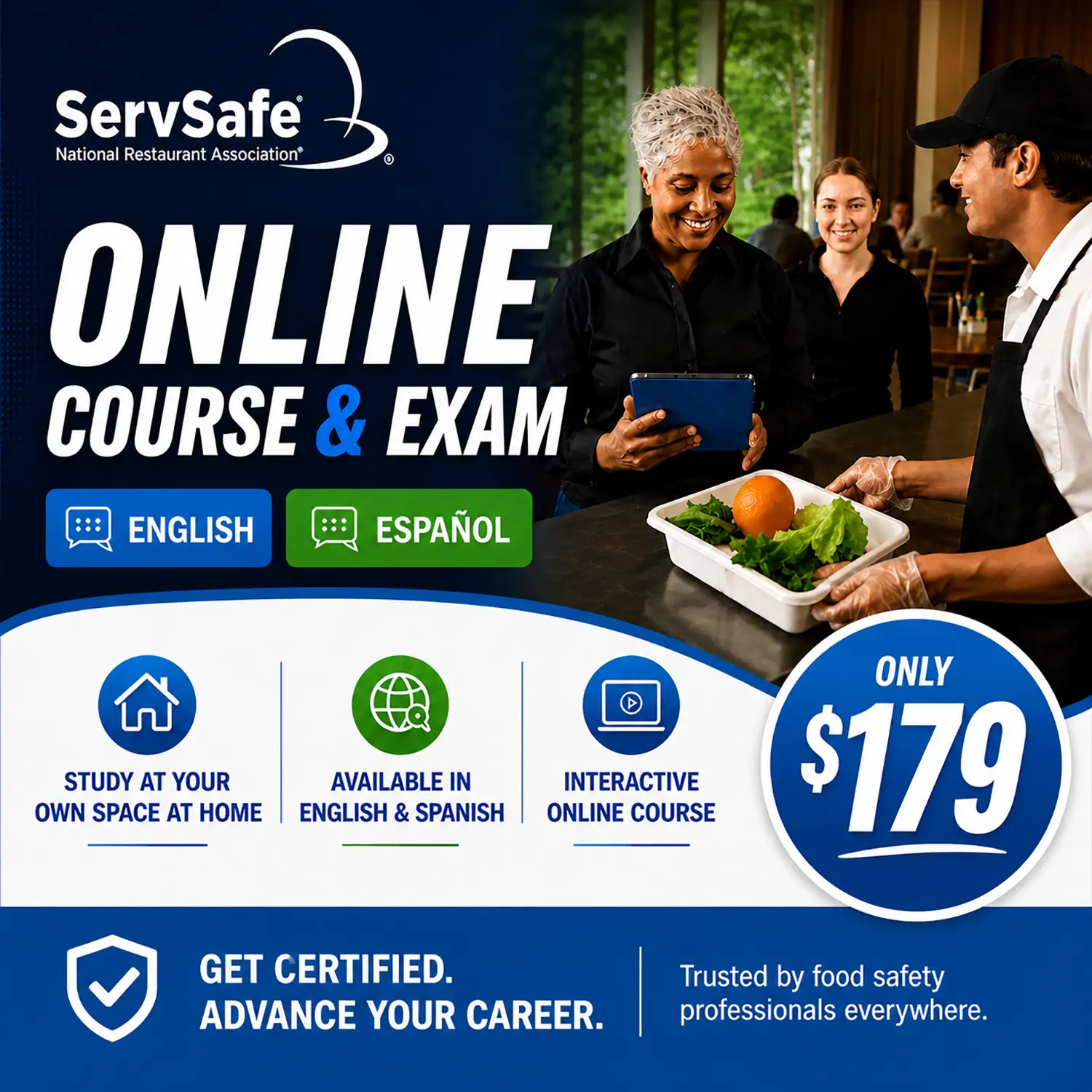 ServSafe online course and exam option for food safety manager certification English and Spanish $179